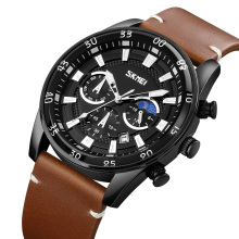SKMEI 9249 Moon Phase Quartz Watches Men's Genuine Leather Watch Relogio Masculino
